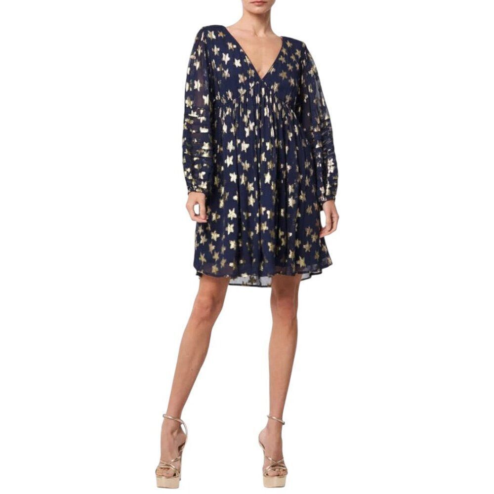 Ciebon Sallie Metallic Star Print Sz L Long Sleeve Minidress in Navy & Gold
